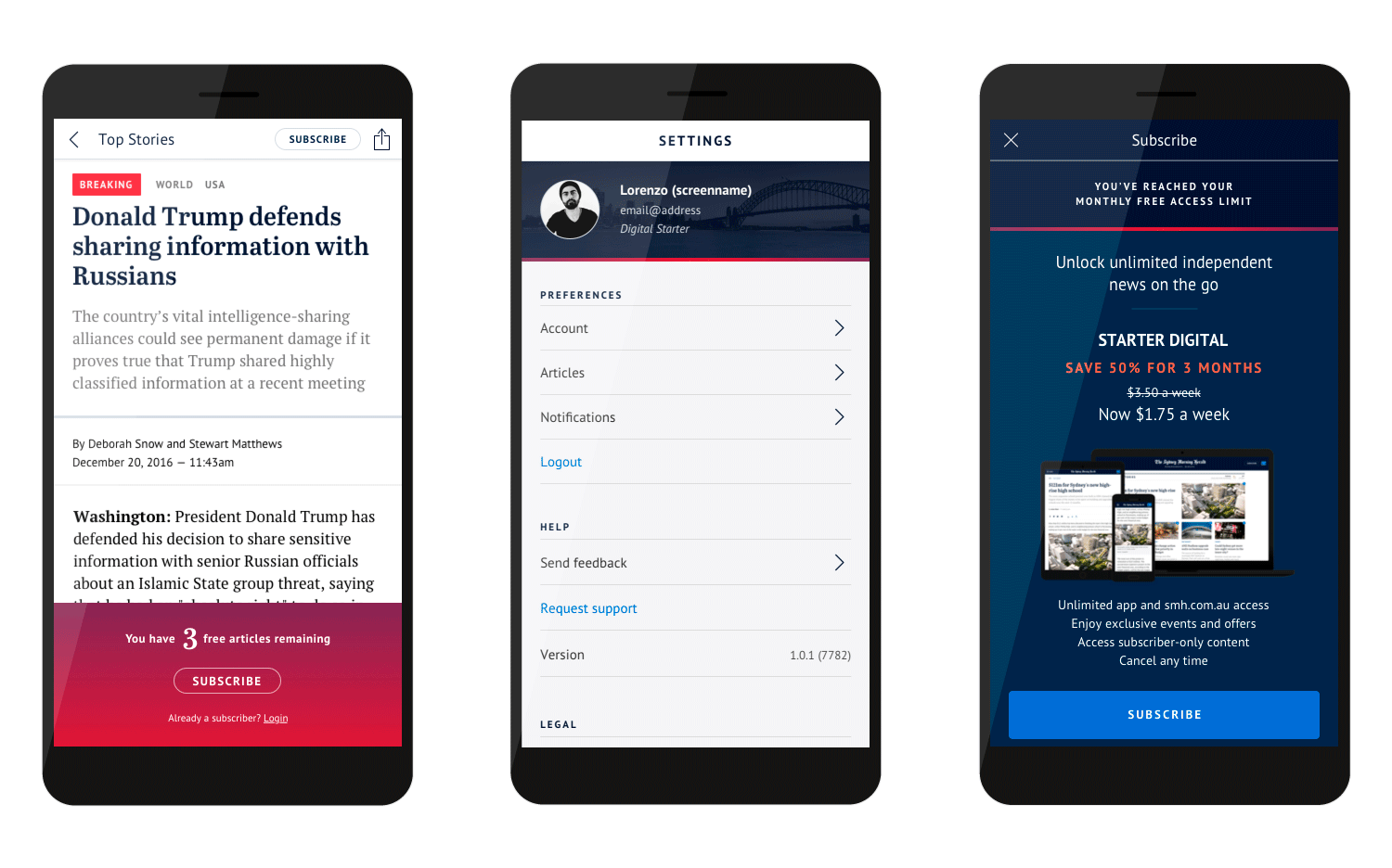 Headstart app articles, meter, paywall and settings